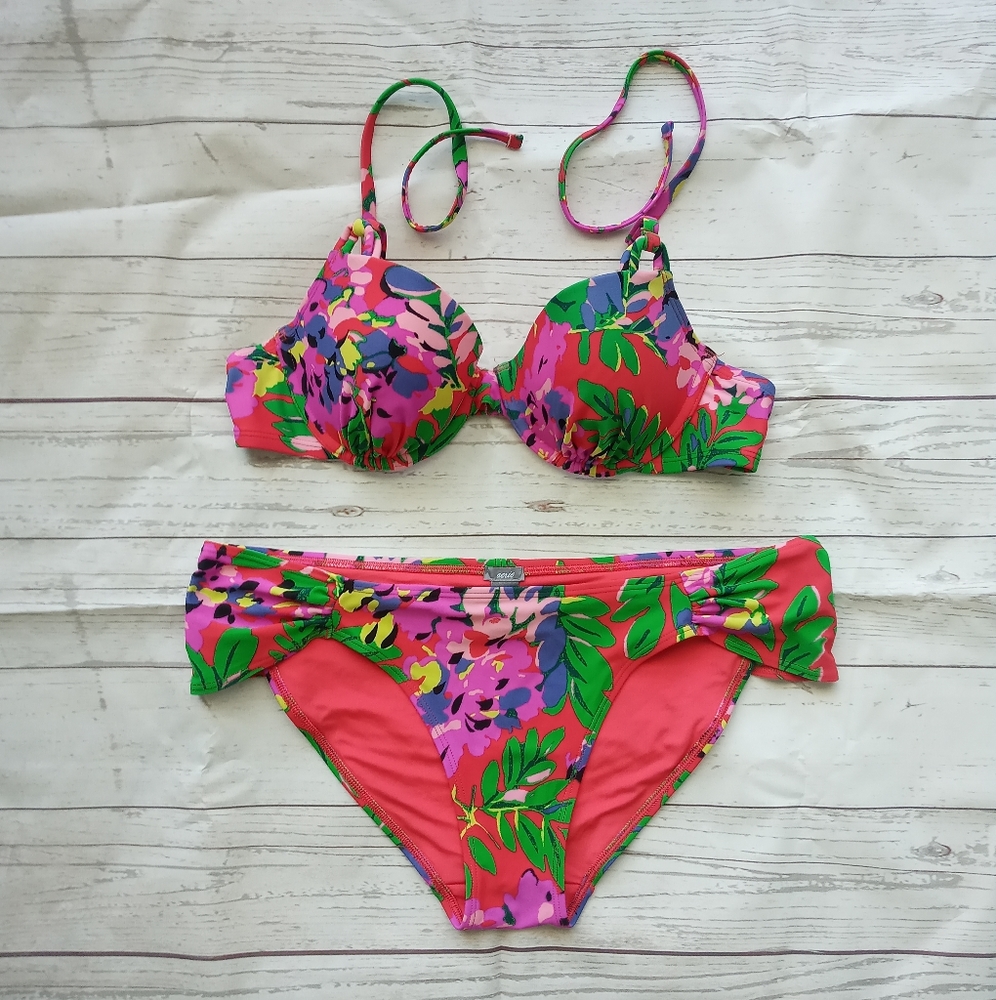American Eagle Outfitters Aerie Floral Halter Bikini Pink L/36B